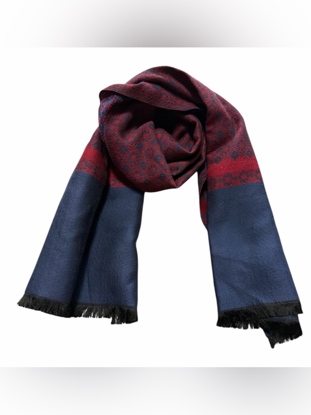 Vintage Forsyth Wool & Silk Scarf Woven in France Navy and Red 13.5”x49”